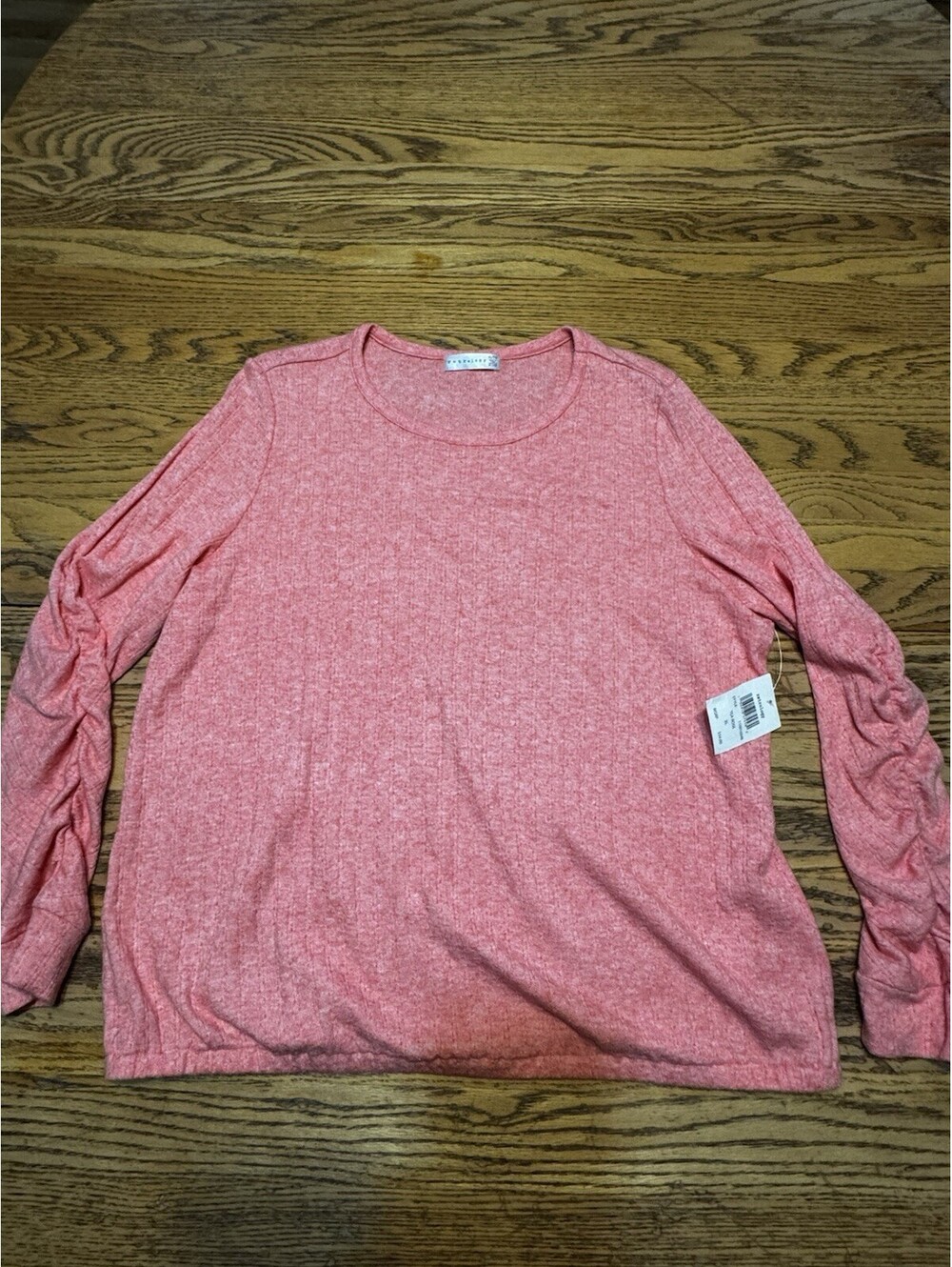 Retrology Womens XL Coral Tea Rose Ruched Sleeve Knit Top NWT MSRP $54